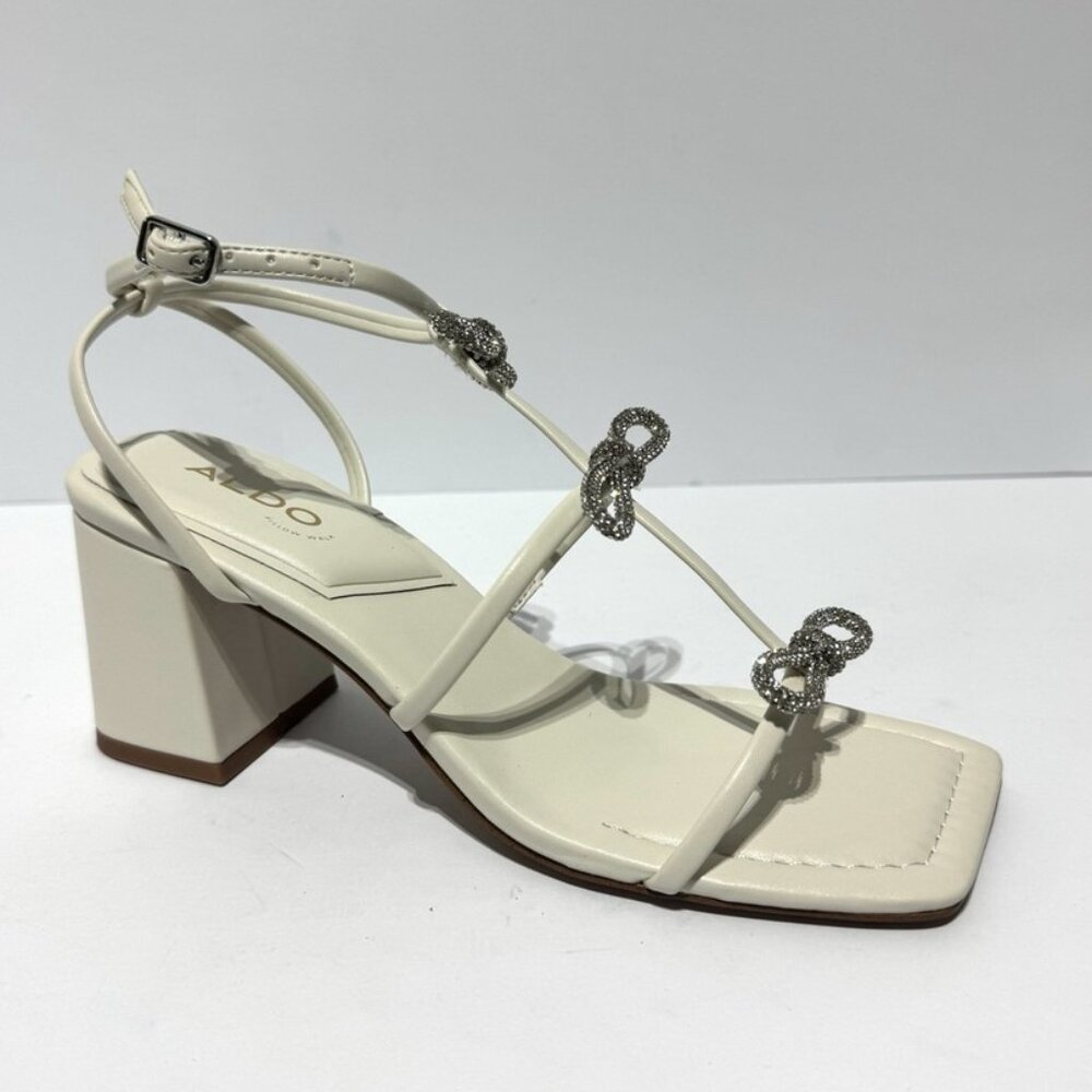 Aldo Ivory Strappy Block Heel Sandals with Rhinestone Accents